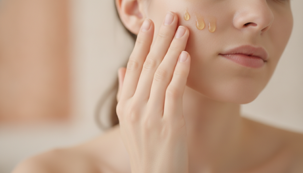 A hand gently massaging a few drops of infused oil onto the face highlighting smooth radiant skin