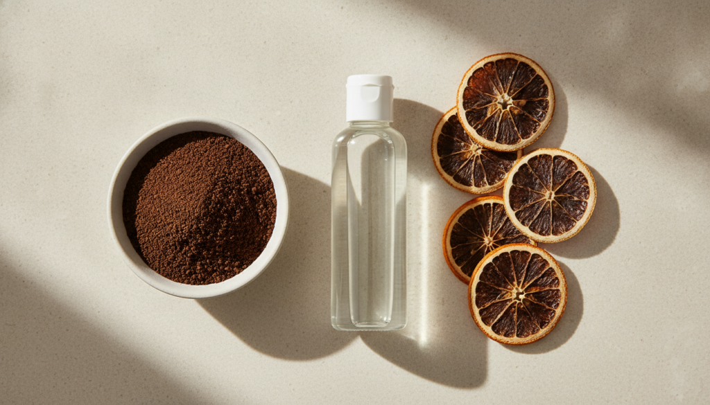 A flat lay of the ingredients for the Ageless Glow Oil a bottle of baby oil a small bowl of coffee grounds and dried ora