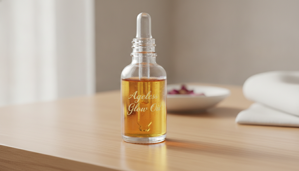 A small glass dropper bottle filled with the finished Ageless Glow Oil glowing softly on a vanity