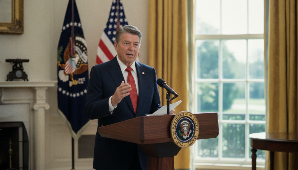 Ronald Reagan delivering a speech as President showing him in a more mature political role