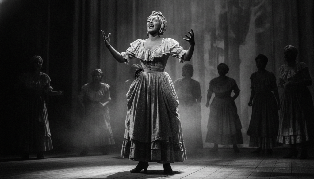 Dorothy Dandridge in a dramatic scene from Carmen Jones perhaps singing or in a powerful moment in black and white