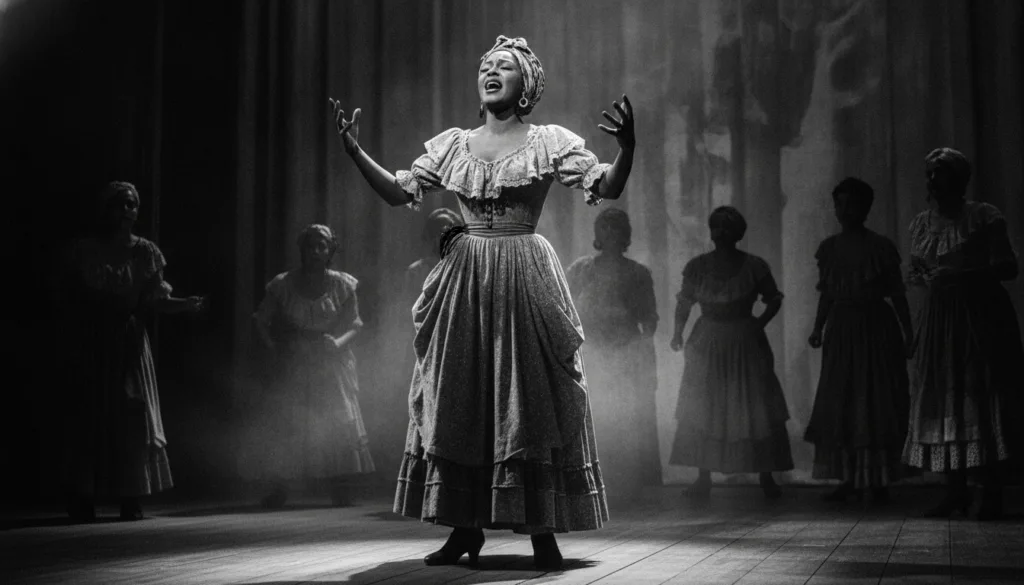 Dorothy Dandridge in a dramatic scene from Carmen Jones perhaps singing or in a powerful moment in black and white
