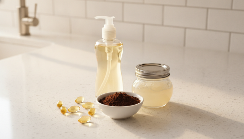 A visually appealing arrangement of the four main ingredients for the DIY Collagen Cream a bottle of baby oil a jar of p