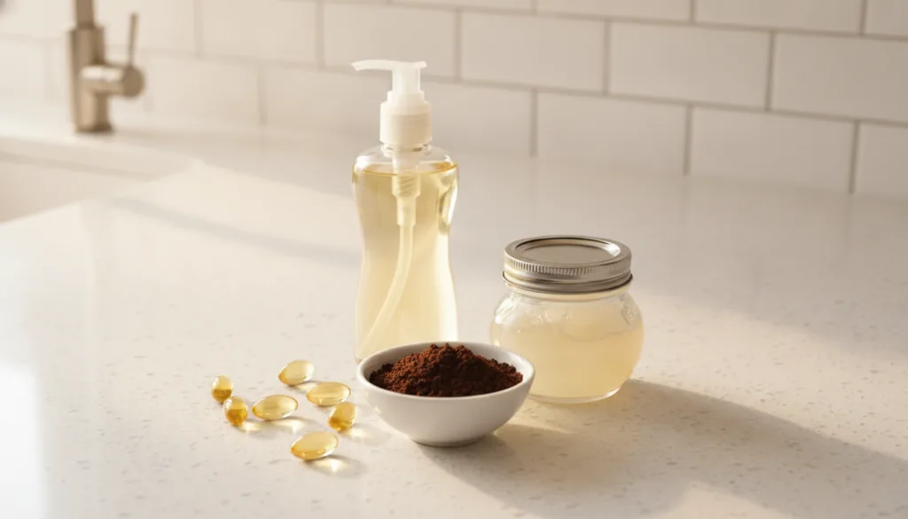 A visually appealing arrangement of the four main ingredients for the DIY Collagen Cream a bottle of baby oil a jar of p