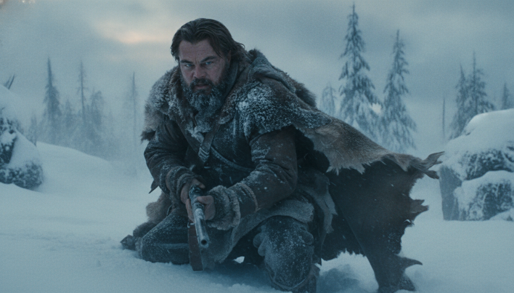 Leonardo DiCaprio as Hugh Glass in The Revenant battling the elements with a rugged intense expression