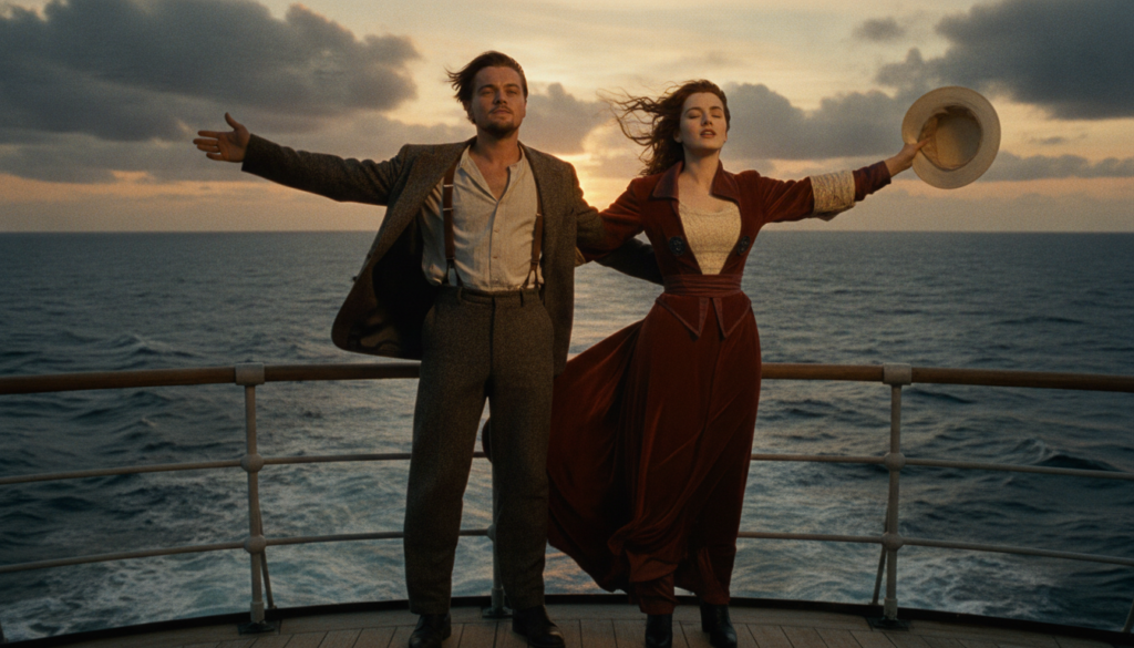 Leonardo DiCaprio as Jack Dawson and Kate Winslet as Rose DeWitt Bukater on the bow of the Titanic arms outstretched