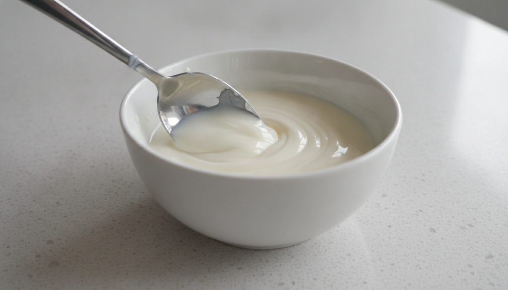 Close-up of a small bowl with Vaseline and milk being mixed into a smooth paste with a spoon