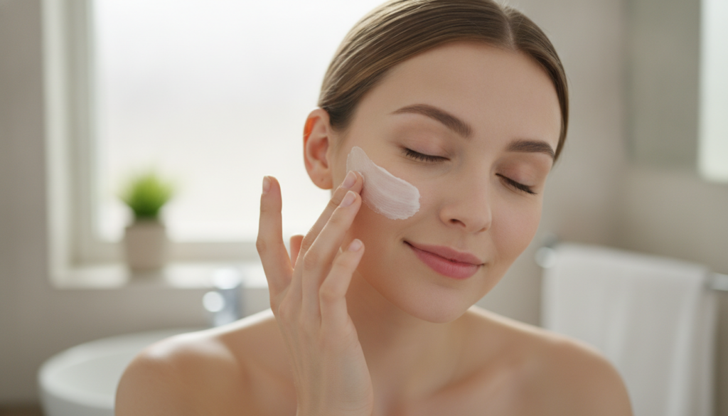 A woman gently applying the Vaseline and milk mask to her clean face with her fingertips