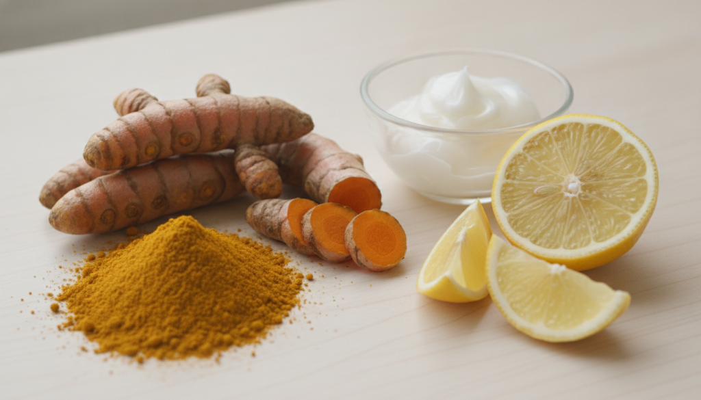 A close-up of vibrant yellow turmeric powder and fresh turmeric root on a light background with a small bowl of Vaseline