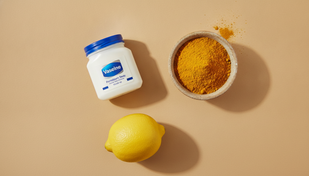 A beautiful arrangement of a jar of Vaseline a small bowl of yellow turmeric powder and a fresh lemon on a light clean b