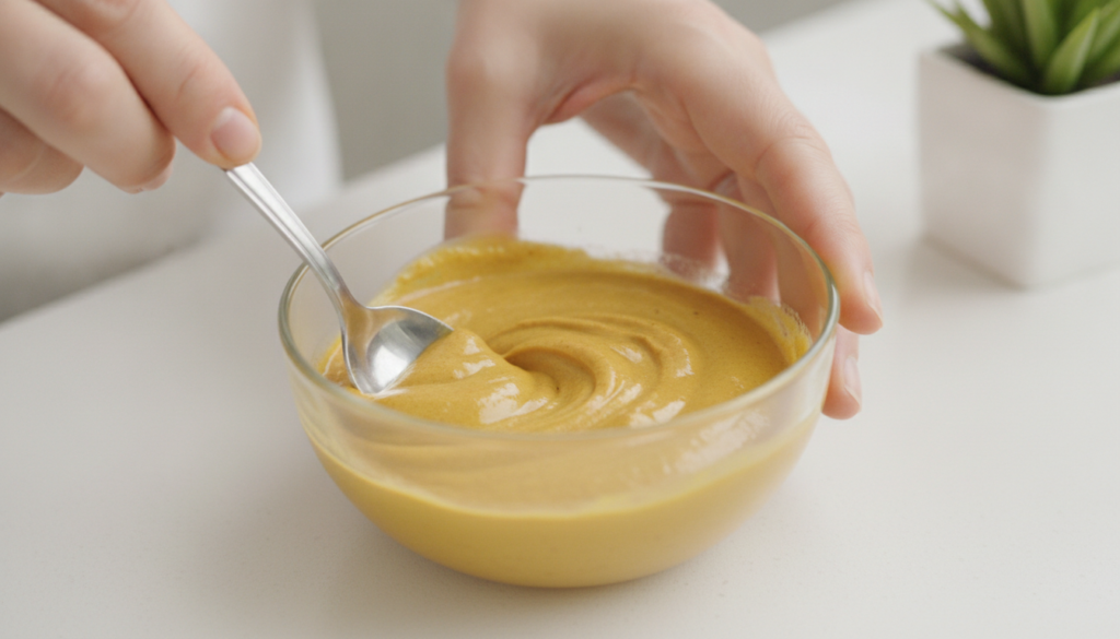 Close-up of hands gently mixing Vaseline turmeric powder and lemon juice in a small glass bowl with a spoon creating a y