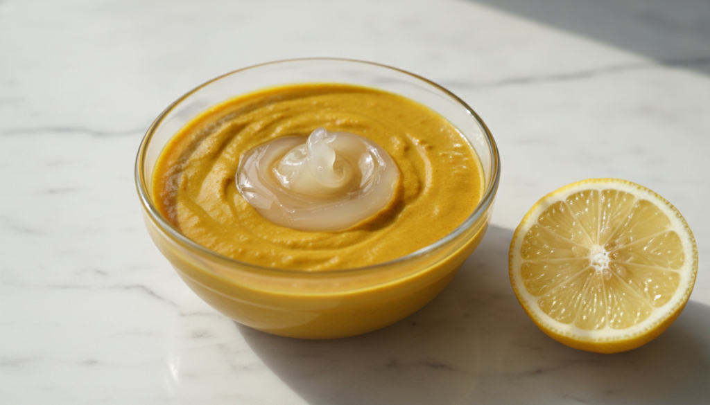 A close-up of a small bowl containing a mixture of yellow turmeric paste and a dollop of clear Vaseline with a fresh lem