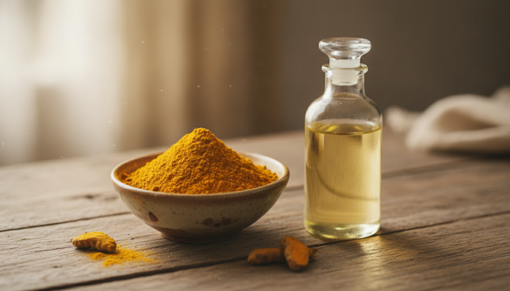 Close-up of a golden turmeric spice in a small bowl next to a bottle of baby oil on a wooden surface