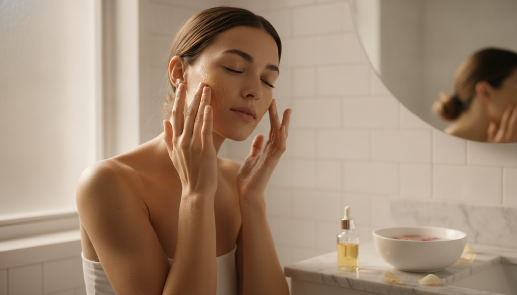 A woman gently massaging the turmeric baby oil blend onto her face with her fingertips showing a soft natural glow