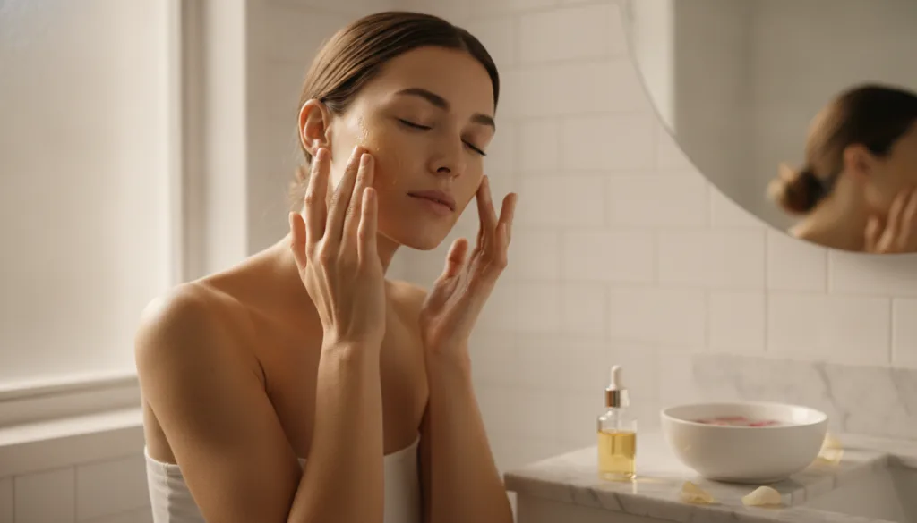 A woman gently massaging the turmeric baby oil blend onto her face with her fingertips showing a soft natural glow