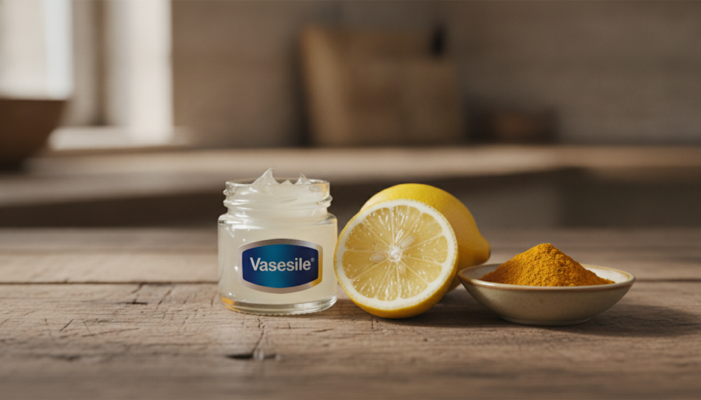 A small clear glass jar of Vaseline a freshly cut lemon and a small bowl of yellow turmeric powder arranged neatly on a 