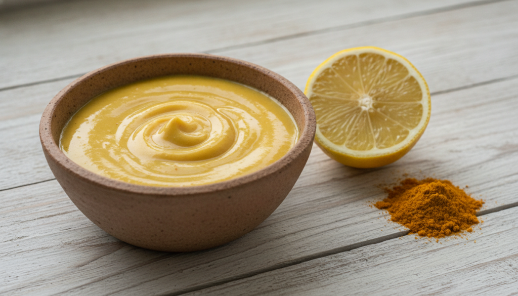 A small bowl with a golden paste made of Vaseline lemon and turmeric with a fresh lemon slice and a small amount of turm