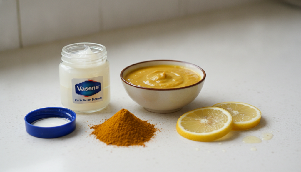 A close-up of a small bowl containing a yellow paste made from Vaseline lemon juice and turmeric powder with the individ
