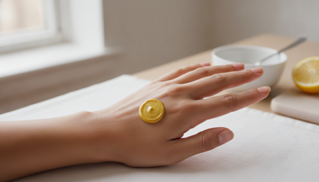 A person s hand with a small amount of the yellow Vaseline lemon and turmeric paste gently applied to the back of their 