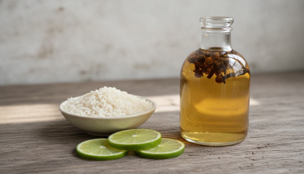 Close-up of a clear glass bottle with baby oil and dried cloves infusing next to a small bowl of white rice and fresh li