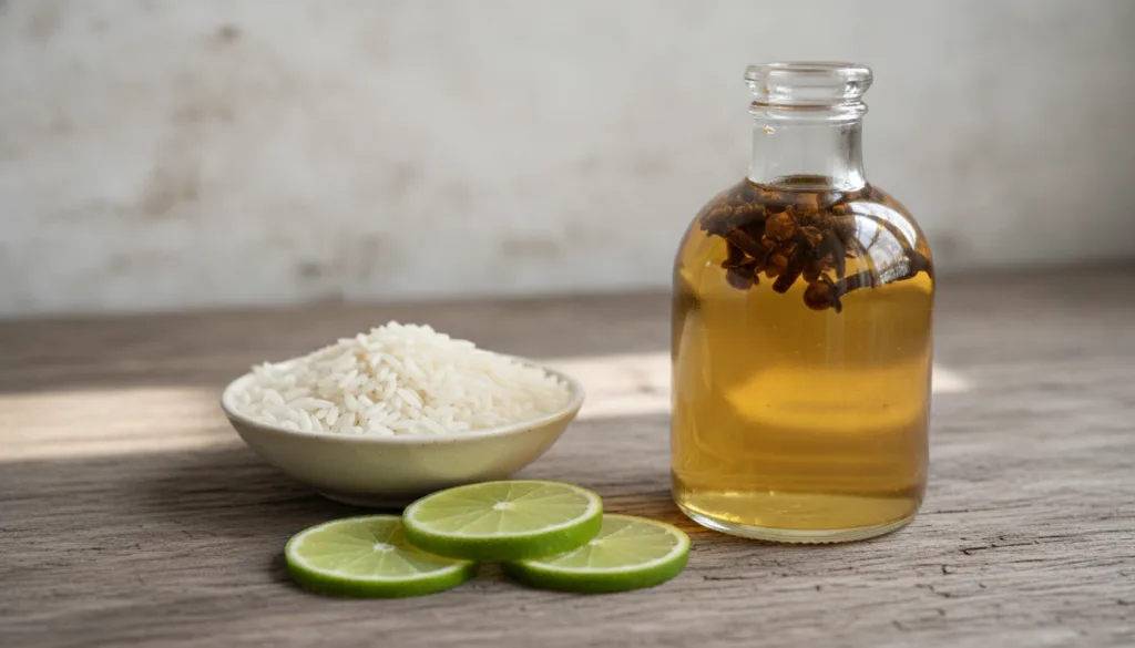 Close-up of a clear glass bottle with baby oil and dried cloves infusing next to a small bowl of white rice and fresh li