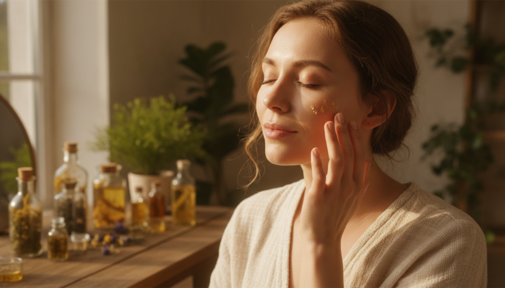 A woman applying a few drops of the infused oil onto her cheek demonstrating gentle massage with soft focus on her glowi