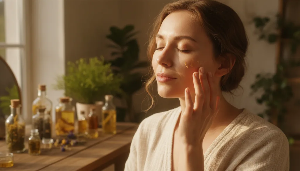 A woman applying a few drops of the infused oil onto her cheek demonstrating gentle massage with soft focus on her glowi