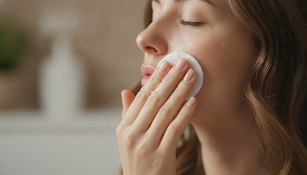 Close-up of a hand gently applying a rice water serum to a clean face with a soft natural glow