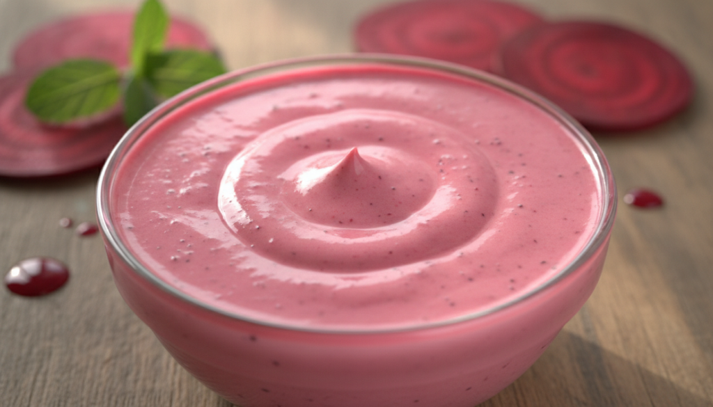 A close-up of a glass bowl containing a vibrant pink beetroot and rice water mask ready for application with fresh beets