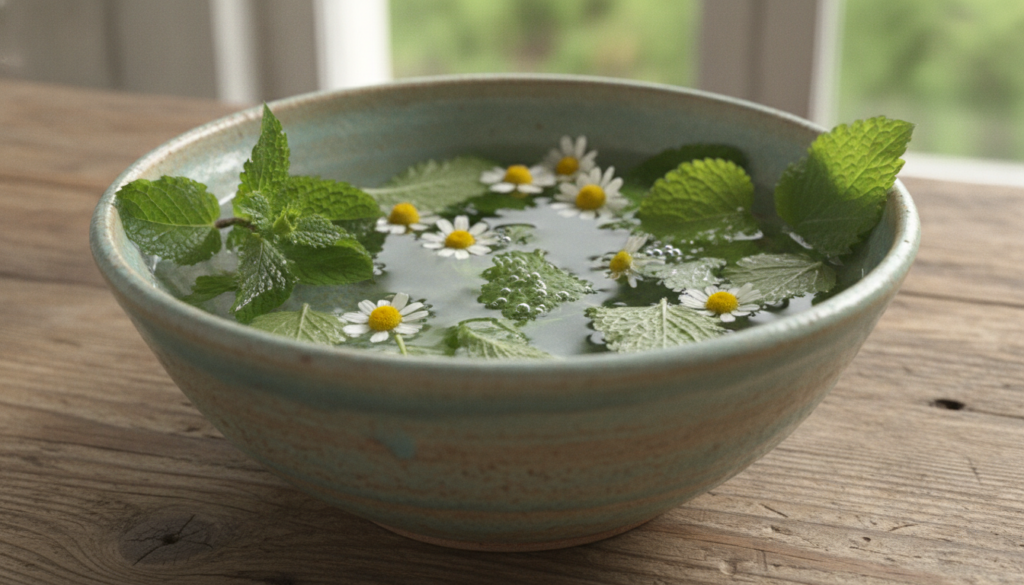 A close-up of a bowl containing a fresh beautiful blend of green leaves like mint chamomile or aloe vera pieces mixed wi