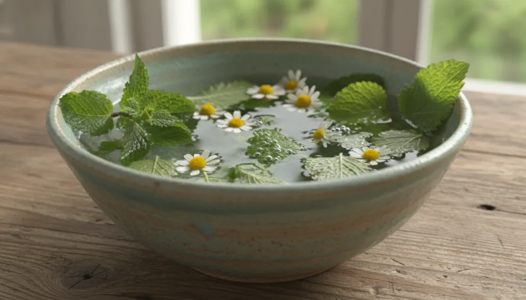A close-up of a bowl containing a fresh beautiful blend of green leaves like mint chamomile or aloe vera pieces mixed wi
