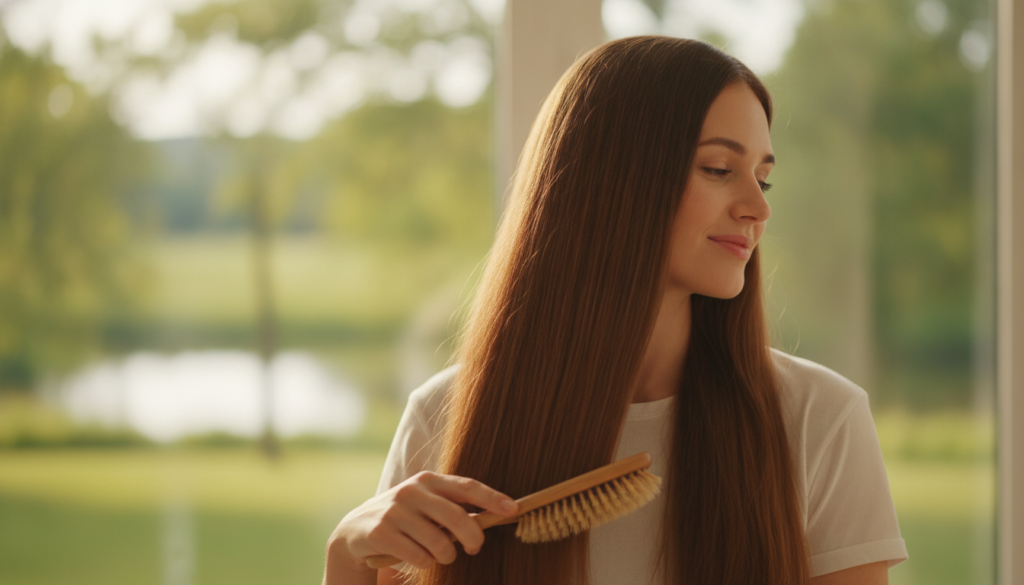 A person with long lustrous brown hair showing no signs of gray gently brushing their hair and smiling reflecting health