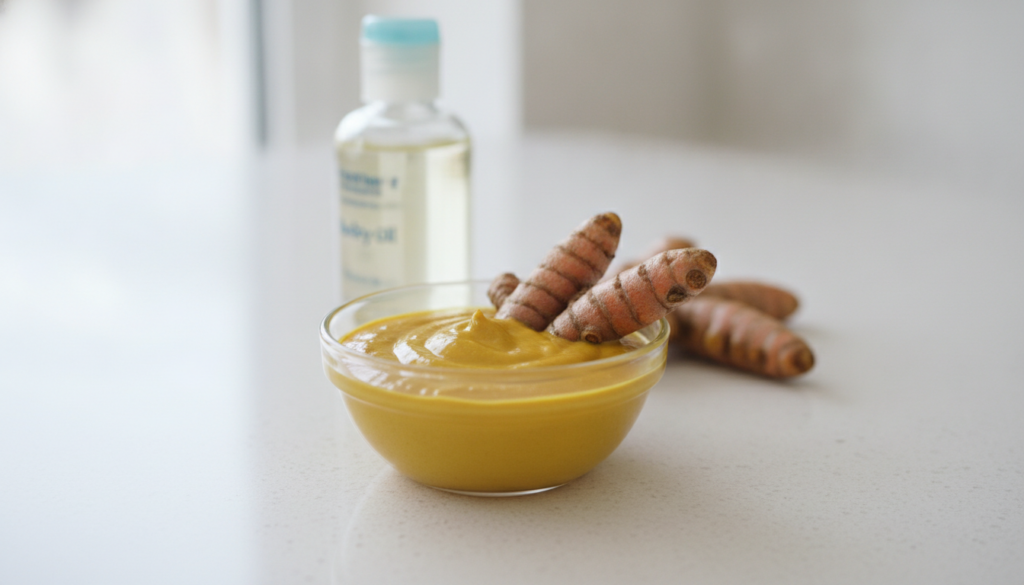 A small glass bowl containing a vibrant yellow turmeric and baby oil mixture with fresh turmeric roots and a bottle of b
