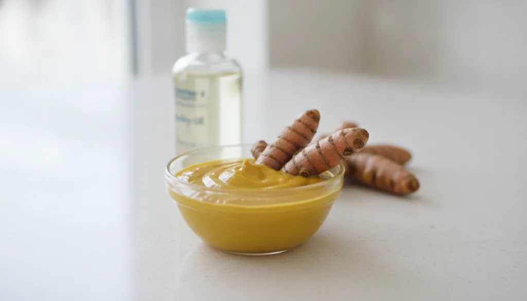 A small glass bowl containing a vibrant yellow turmeric and baby oil mixture with fresh turmeric roots and a bottle of b