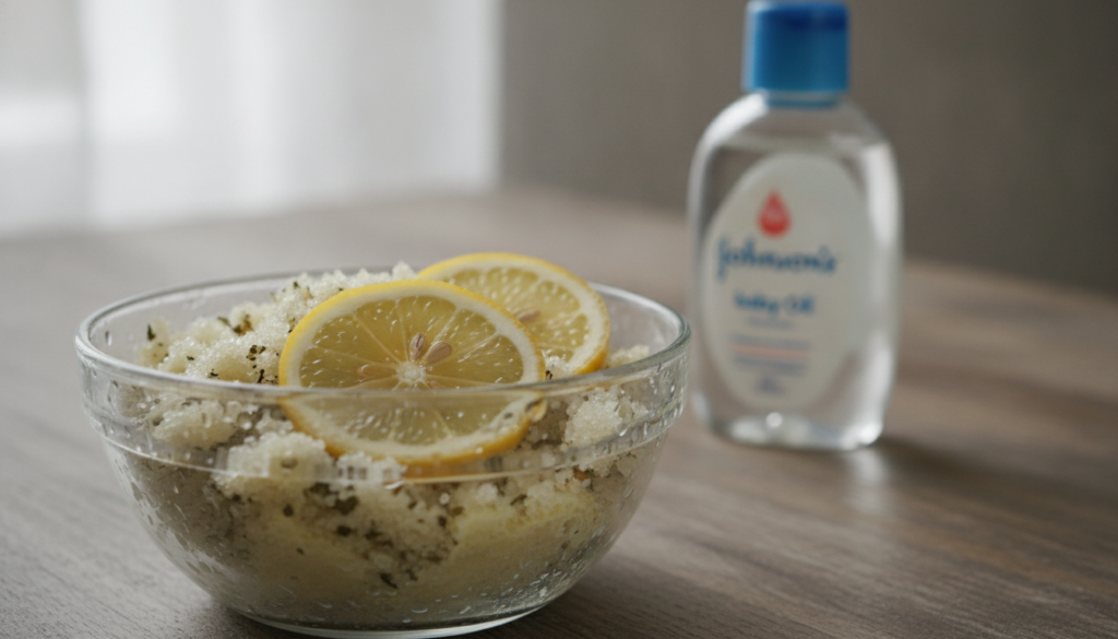 A close-up of a glass bowl containing a DIY beauty mixture with fine sugar a few lemon slices and a bottle of Johnson s 