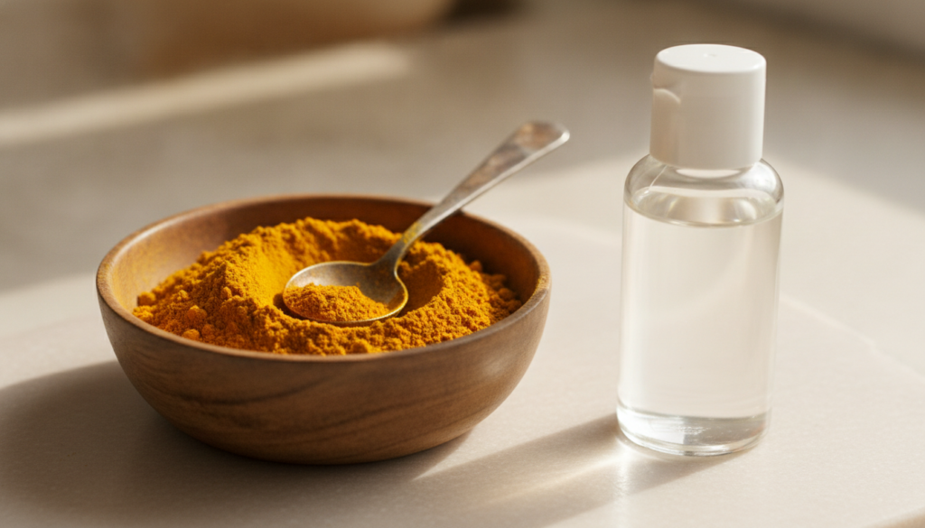 A close-up of bright yellow turmeric powder in a small wooden bowl with a measuring spoon next to a bottle of baby oil