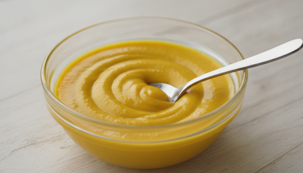 A small clear glass bowl containing a vibrant yellow smooth paste made of turmeric and baby oil A small mixing spoon res