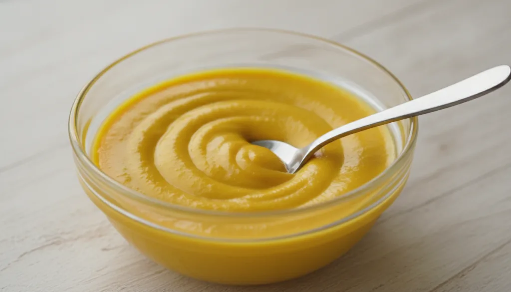 A small clear glass bowl containing a vibrant yellow smooth paste made of turmeric and baby oil A small mixing spoon res