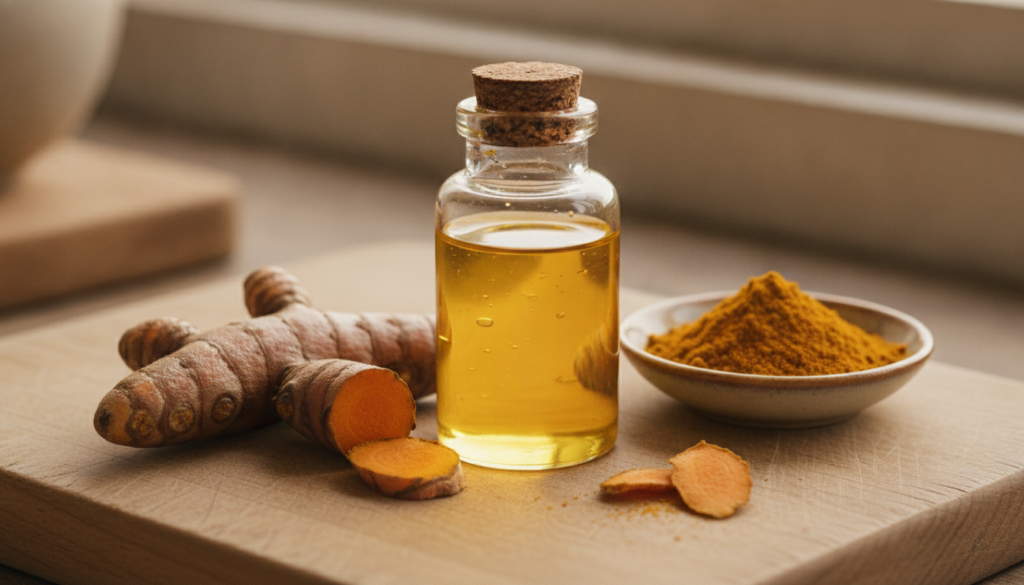 A close-up shot of a small glass bottle filled with golden turmeric-infused oil next to fresh turmeric root and a small 
