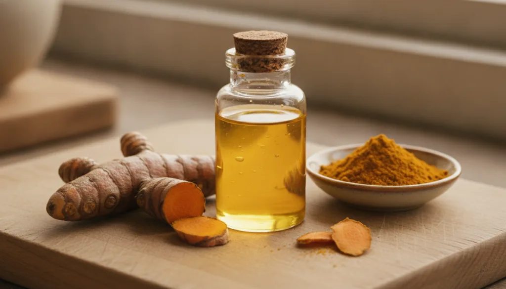 A close-up shot of a small glass bottle filled with golden turmeric-infused oil next to fresh turmeric root and a small 
