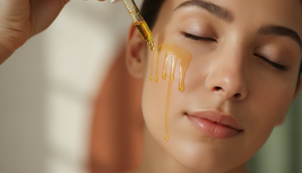 A woman gently applying a few drops of golden turmeric-infused oil to her face focusing on areas around her eyes and mou