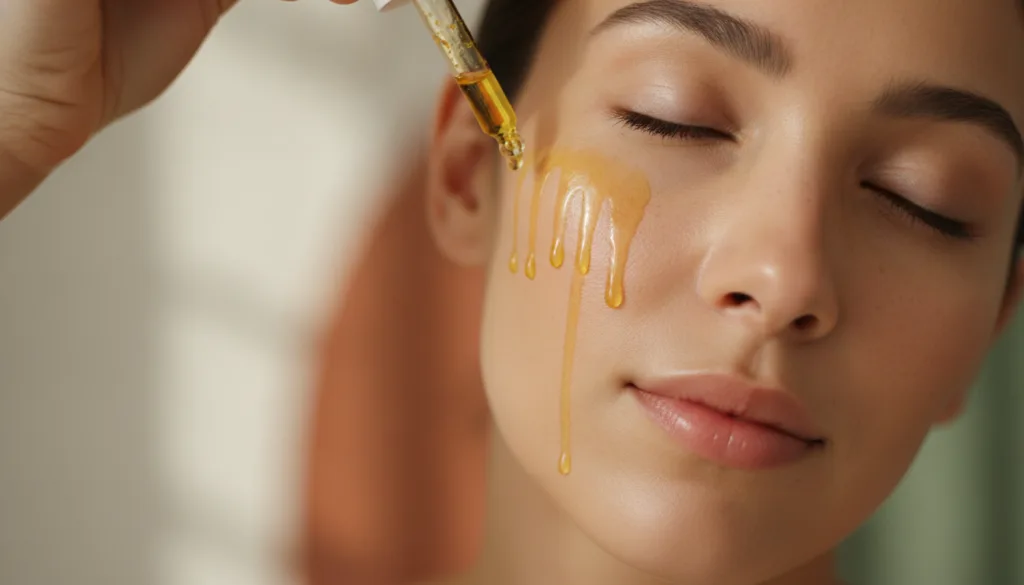 A woman gently applying a few drops of golden turmeric-infused oil to her face focusing on areas around her eyes and mou