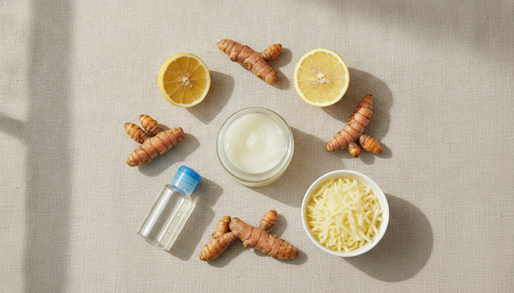 A beautifully arranged flat lay of various natural skincare ingredients including fresh turmeric sliced lemons a small b