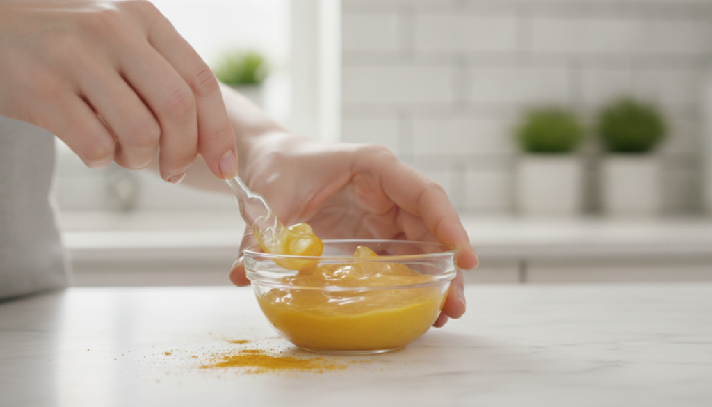 A close-up of hands mixing Vaseline with turmeric powder in a small glass bowl creating a yellowish paste The background