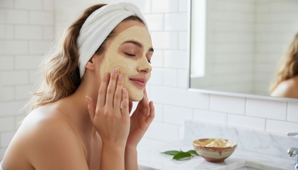 A woman gently applying a homemade Vaseline-based mask to her face with her fingertips Her eyes are closed in a relaxed 