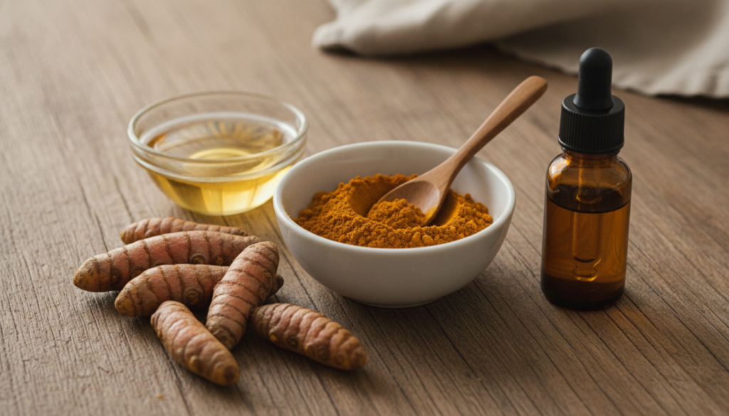 A beautiful still life of turmeric root and powder a small bowl of carrier oil like almond or jojoba and a dropper bottl