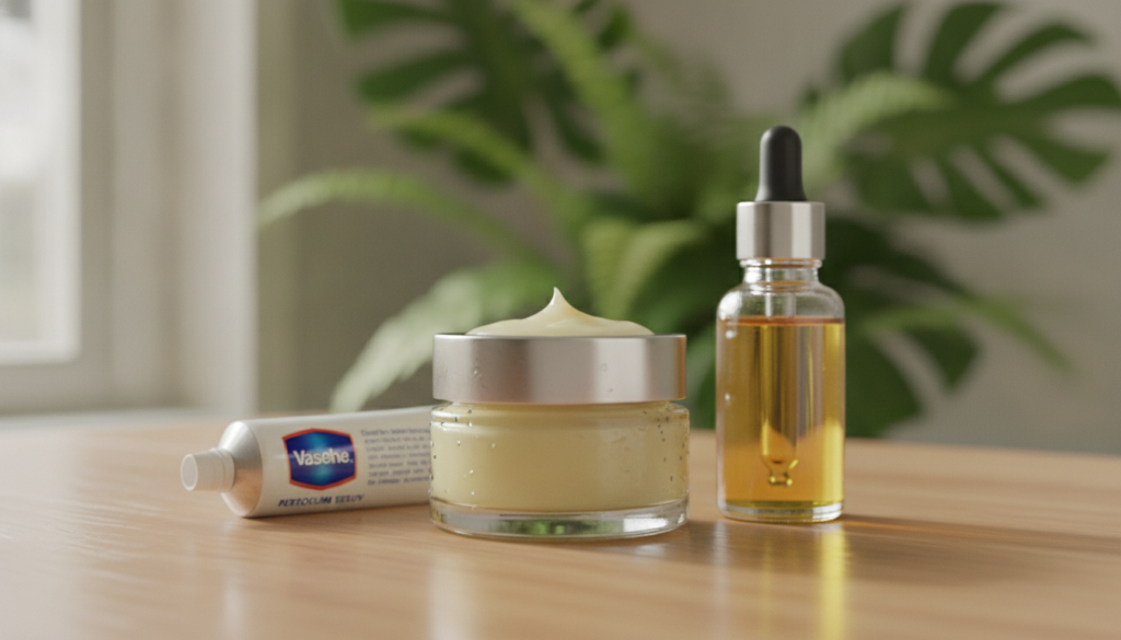 A small elegant glass jar filled with a thick glossy light yellow balm Next to it are a tube of Vaseline petroleum jelly