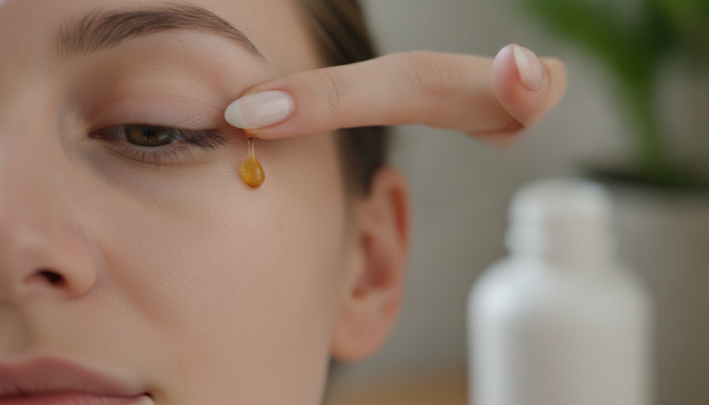 A person gently applying a drop of DIY eye oil under their eye with a fingertip or dropper showing a close-up of the del