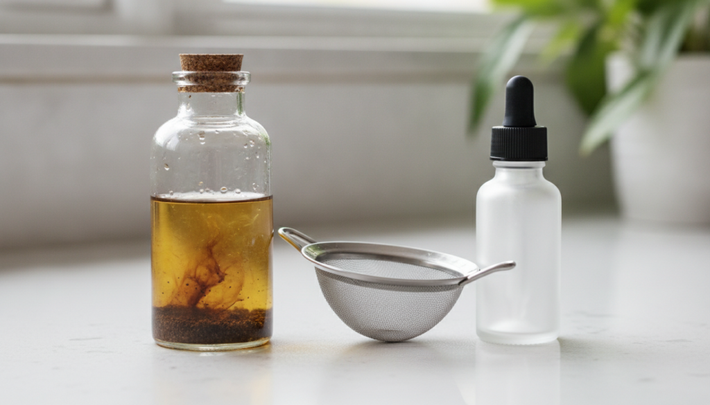 A small glass bottle filled with clear oil and brown coffee granules infusing placed next to a strainer and an empty dro