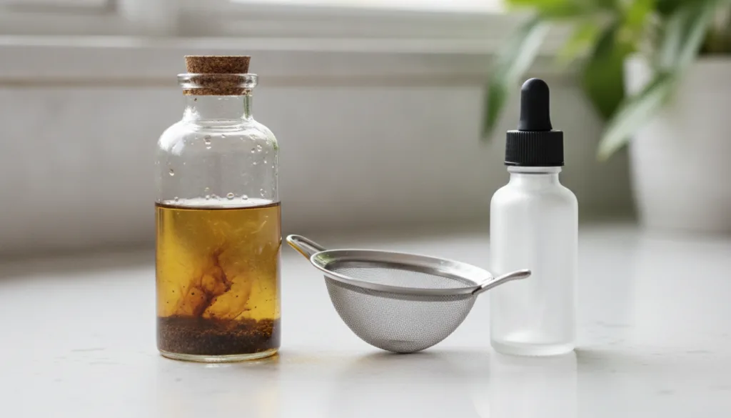 A small glass bottle filled with clear oil and brown coffee granules infusing placed next to a strainer and an empty dro